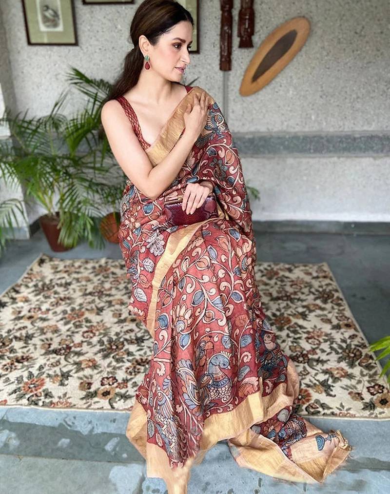 maroon printed pure cotton maroon saree with blouse