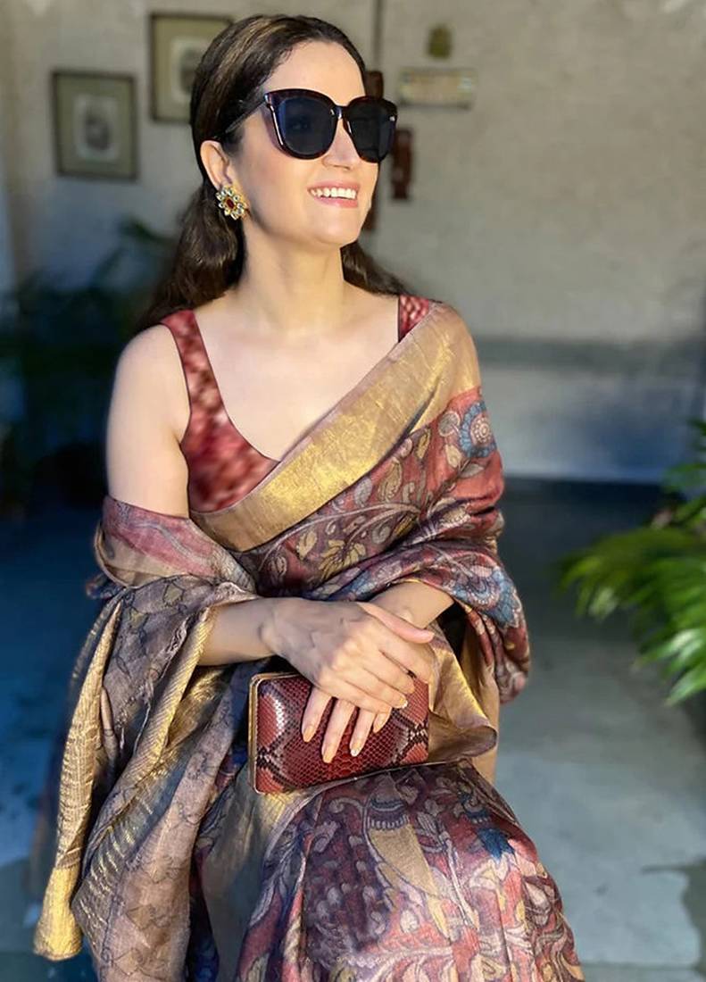 maroon printed pure cotton maroon saree with blouse