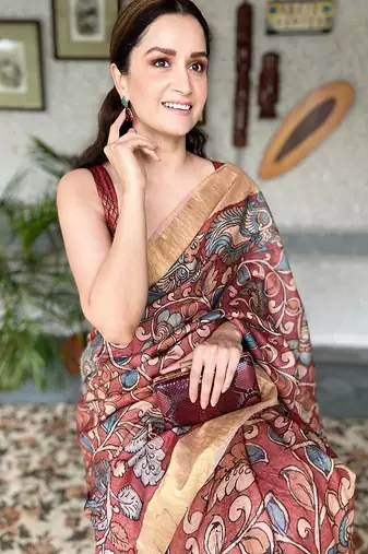 maroon printed pure cotton maroon saree with blouse