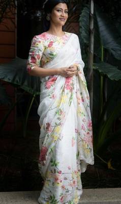 white printed pure cotton white saree with blouse 1