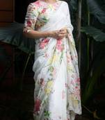 white printed pure cotton white saree with blouse