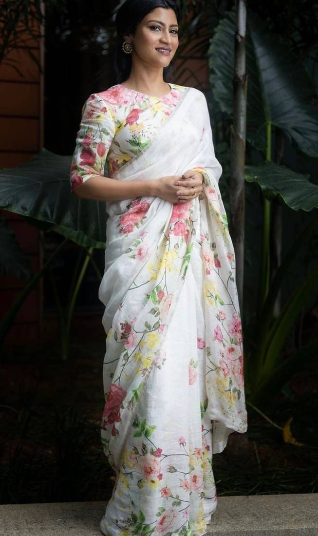 white printed pure cotton white saree with blouse