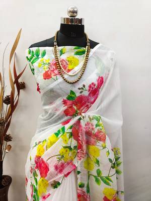 white printed pure cotton white saree with blouse 4