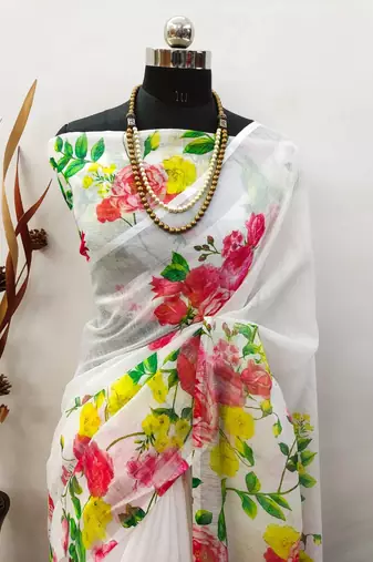 white printed pure cotton white saree with blouse