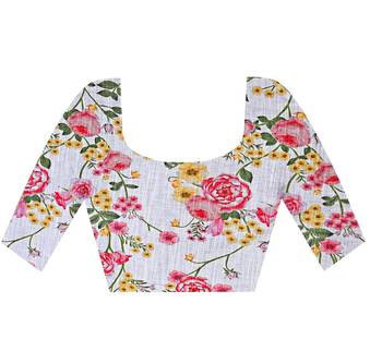 white printed pure cotton white saree with blouse 5