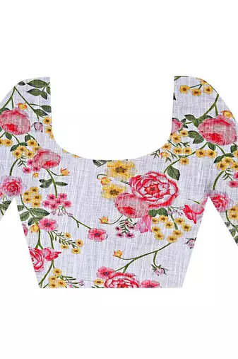 white printed pure cotton white saree with blouse