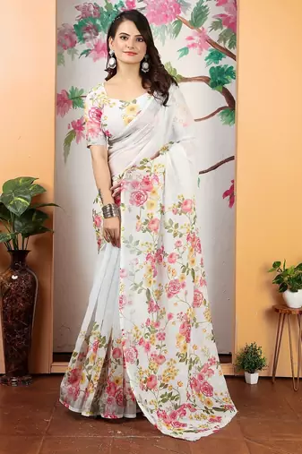 white printed pure cotton white saree with blouse