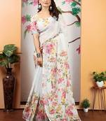 white printed pure cotton white saree with blouse