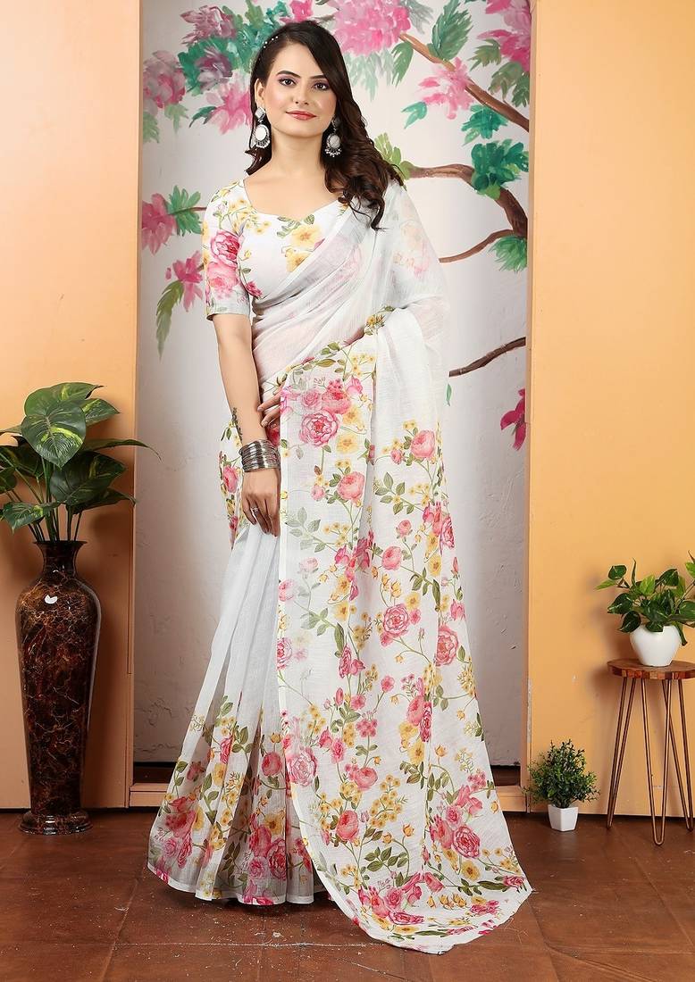 white printed pure cotton white saree with blouse