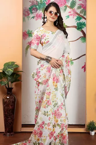 white printed pure cotton white saree with blouse