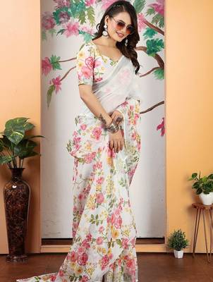 white printed pure cotton white saree with blouse 3