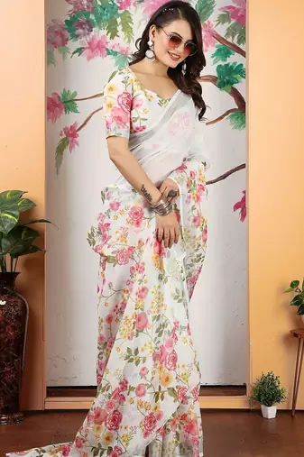 white printed pure cotton white saree with blouse
