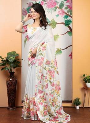 white printed pure cotton white saree with blouse 4