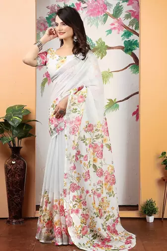 white printed pure cotton white saree with blouse