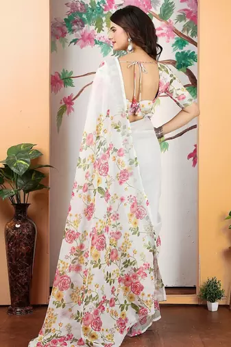 white printed pure cotton white saree with blouse