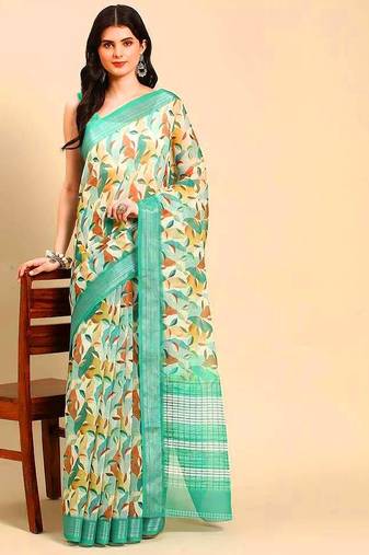 green printed pure cotton green saree with blouse