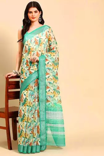 green printed pure cotton green saree with blouse