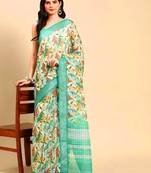 green printed pure cotton green saree with blouse