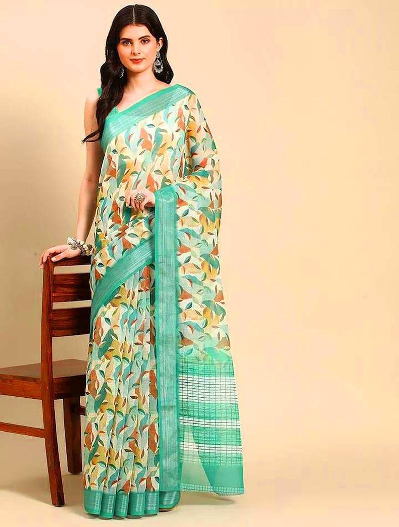 green printed pure cotton green saree with blouse