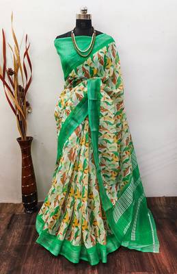 green printed pure cotton green saree with blouse 3