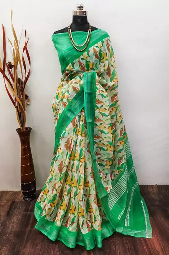 green printed pure cotton green saree with blouse