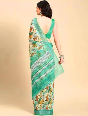 green printed pure cotton green saree with blouse 4