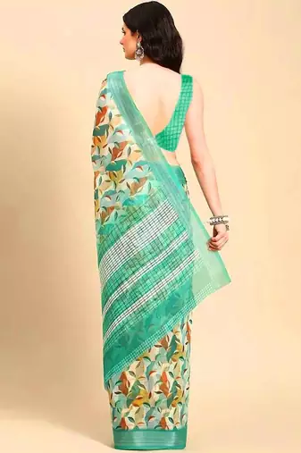 green printed pure cotton green saree with blouse