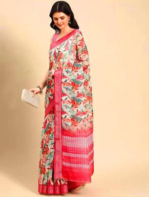 pink printed pure cotton pink saree with blouse 1