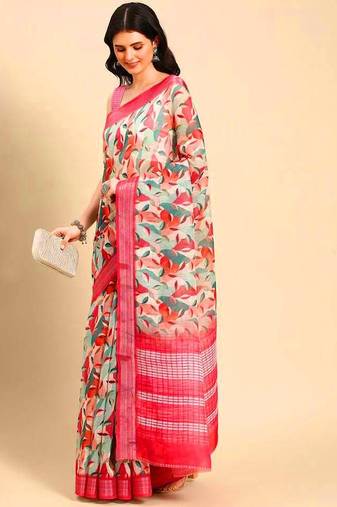 pink printed pure cotton pink saree with blouse