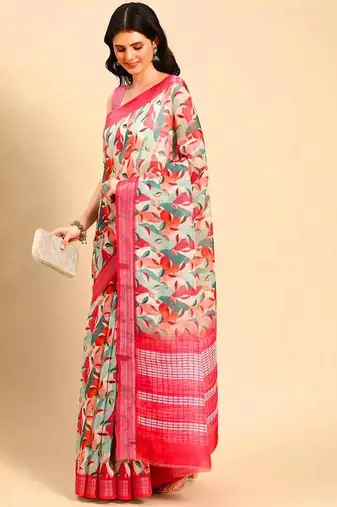 pink printed pure cotton pink saree with blouse