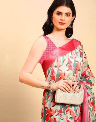 pink printed pure cotton pink saree with blouse 2