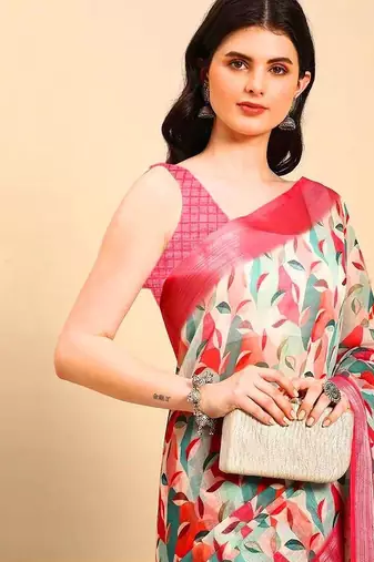 pink printed pure cotton pink saree with blouse