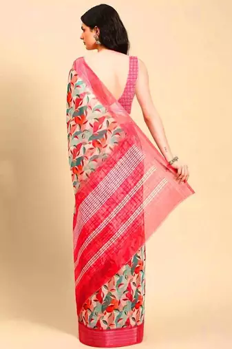 pink printed pure cotton pink saree with blouse