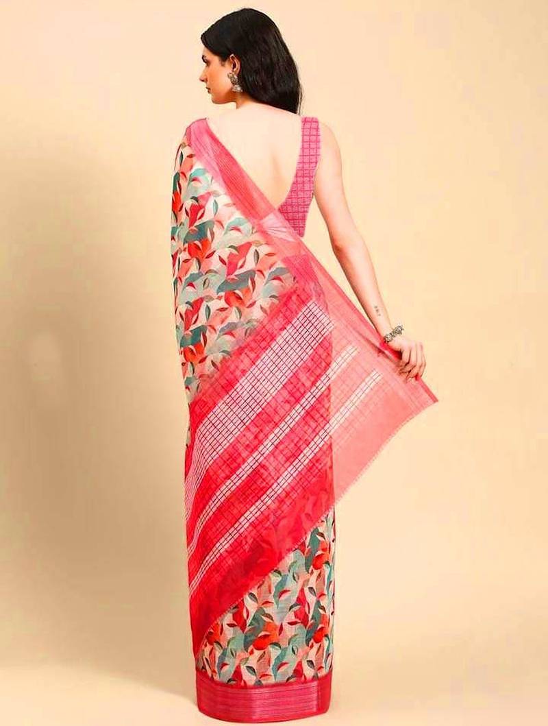 pink printed pure cotton pink saree with blouse