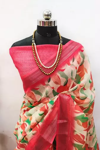 pink printed pure cotton pink saree with blouse