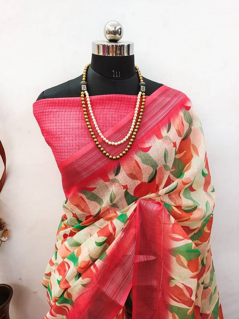 pink printed pure cotton pink saree with blouse