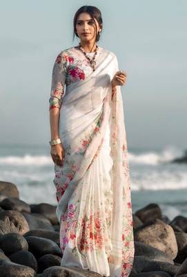 white printed pure cotton white saree with blouse 1