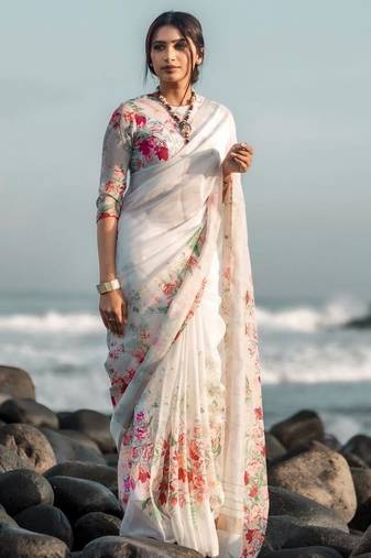 white printed pure cotton white saree with blouse