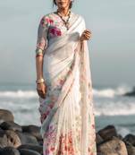 white printed pure cotton white saree with blouse