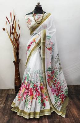 white printed pure cotton white saree with blouse 2