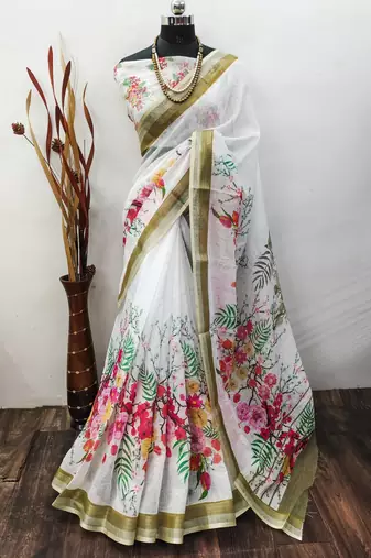 white printed pure cotton white saree with blouse