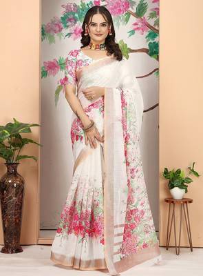 white printed pure cotton white saree with blouse 1
