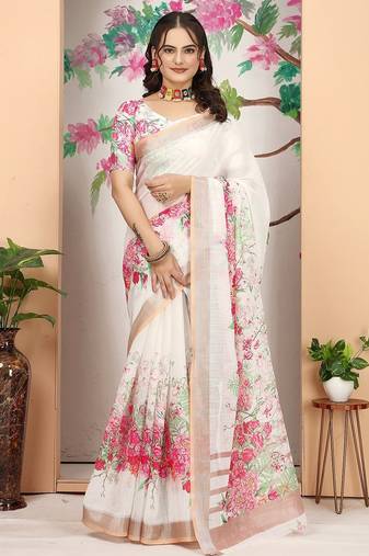 white printed pure cotton white saree with blouse