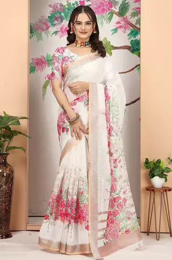 white printed pure cotton white saree with blouse