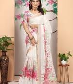 white printed pure cotton white saree with blouse