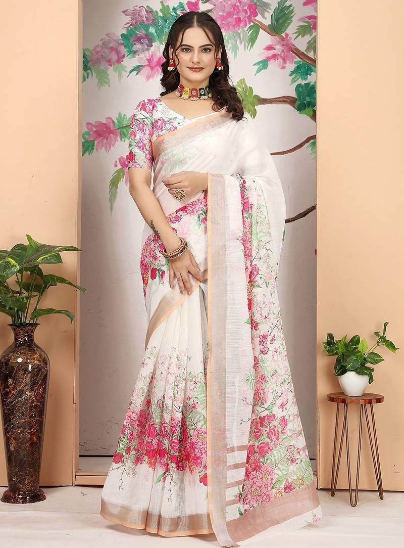 white printed pure cotton white saree with blouse