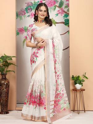white printed pure cotton white saree with blouse 2
