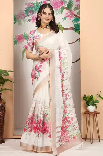 white printed pure cotton white saree with blouse