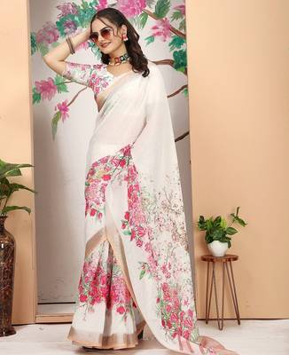 white printed pure cotton white saree with blouse 3