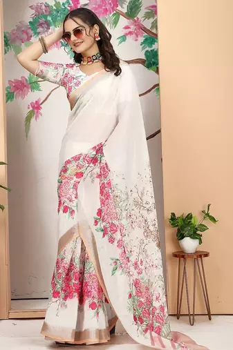 white printed pure cotton white saree with blouse